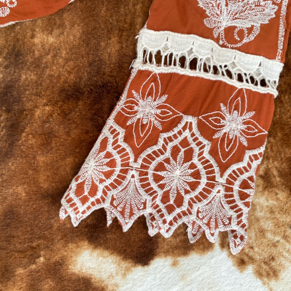 Ania A burnt Orange Embroidered Boho Bell Sleeve Blouse Top - Picture 4 of 6